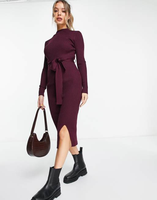 New Look tie waist knitted dress in burgundy, 3 of 4