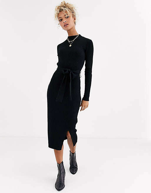 New Look tie waist maxi knitted dress in black