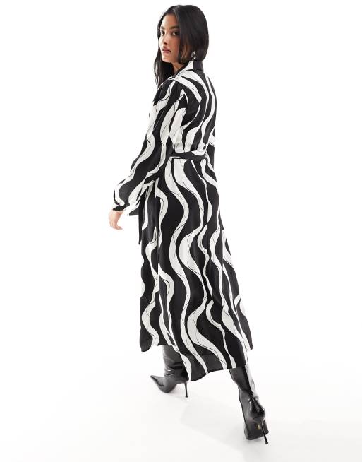 New Look tie waist midi shirt dress in black and white swirl print | ASOS