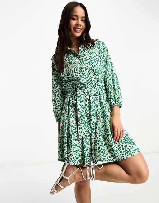 New Look tie waist mini shirt dress in green pattern | ASOS