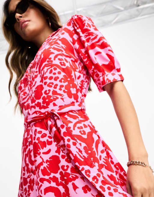 New Look tie waist shirt midi dress in pink animal print ASOS