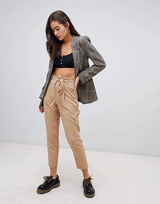 New Look tie waist tapered trousers in camel | ASOS