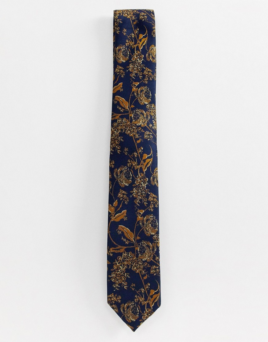 New Look tie with floral detail in gold-Yellow