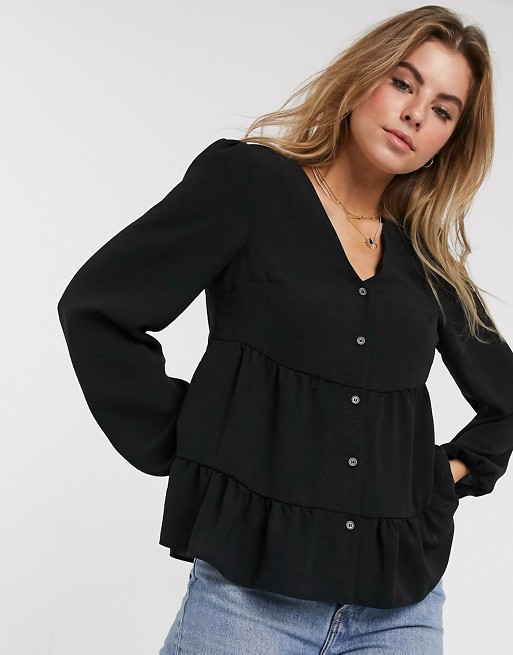 New Look tiered button through blouse in black