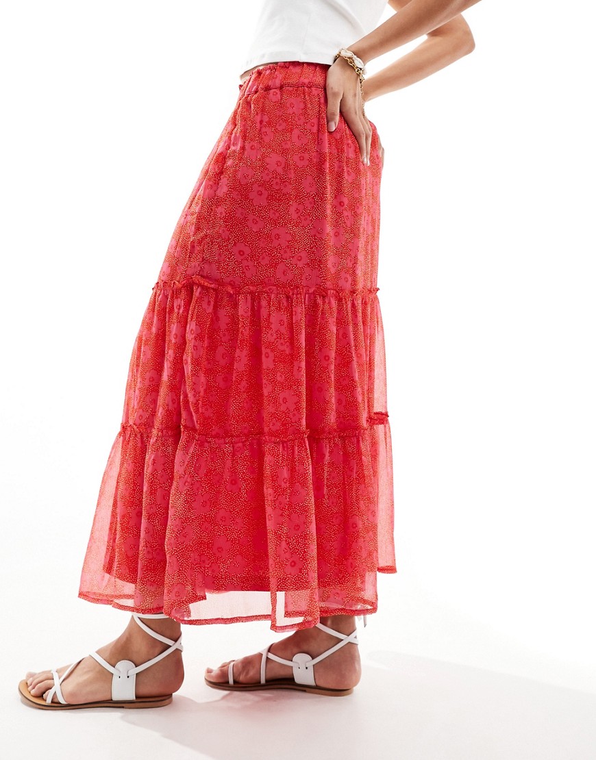 New Look tiered midi skirt in red print