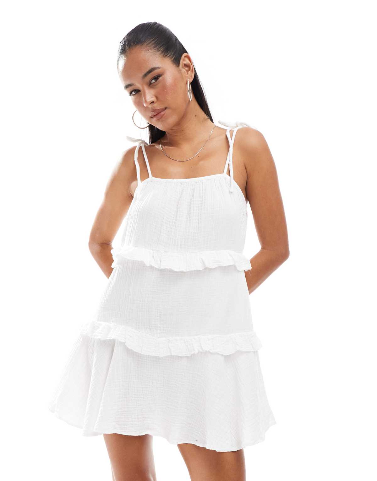 New Look tiered mini sundress in white