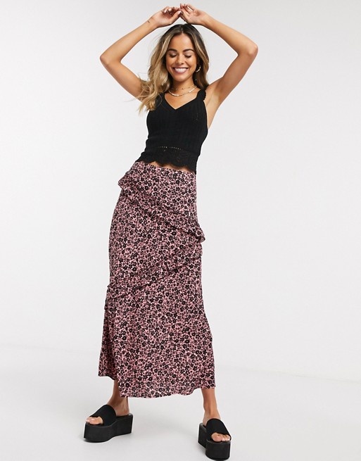 New Look tiered ruffle split midi skirt in pink pattern