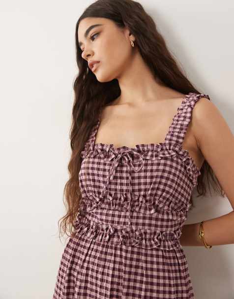 New Look tiered sleeveless milkmaid midi dress in pink gingham - view 1