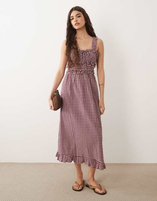 New Look tiered sleeveless milkmaid midi dress in pink gingham, 2 of 4
