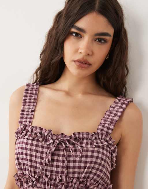 New Look tiered sleeveless milkmaid midi dress in pink gingham, 4 of 4