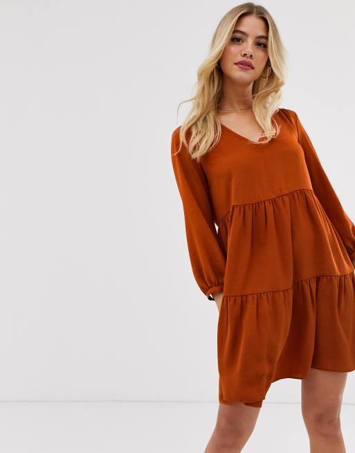 New Look tiered smock dress in rust | ASOS