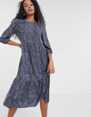 New Look tiered smock midaxi dress in blue mini polka dot | ASOS