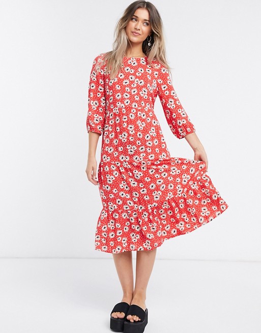 New Look tiered smock midi dress in red floral