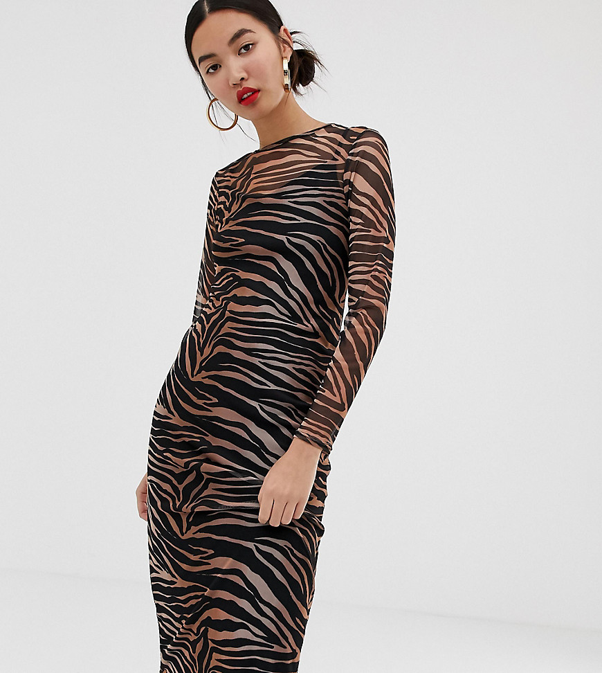 New Look – Tigermönstrad midiklänning med mesh-Svart