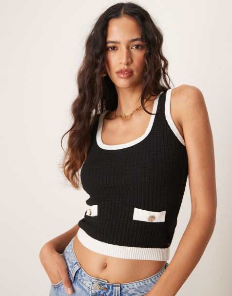 New Look tipped knitted singlet in black - view 1
