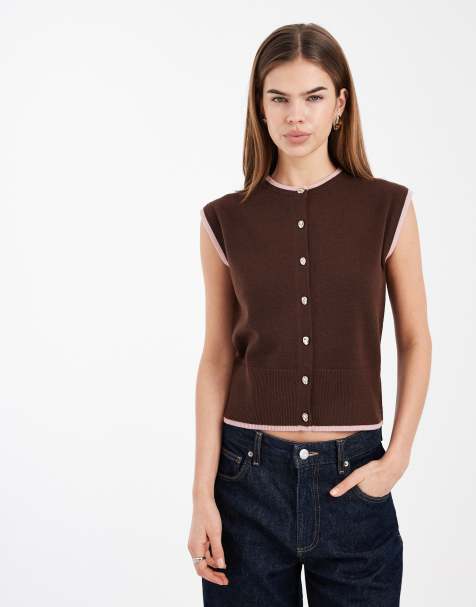New Look tipped knitted waistcoat in brown - view 1