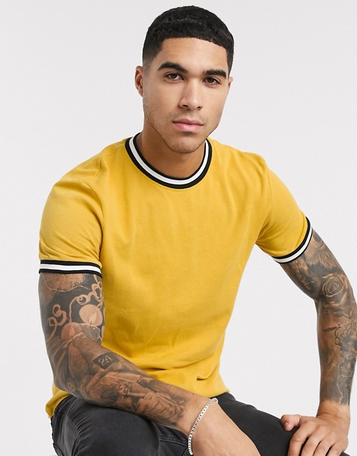 New Look tipped pique t-shirt in mid yellow