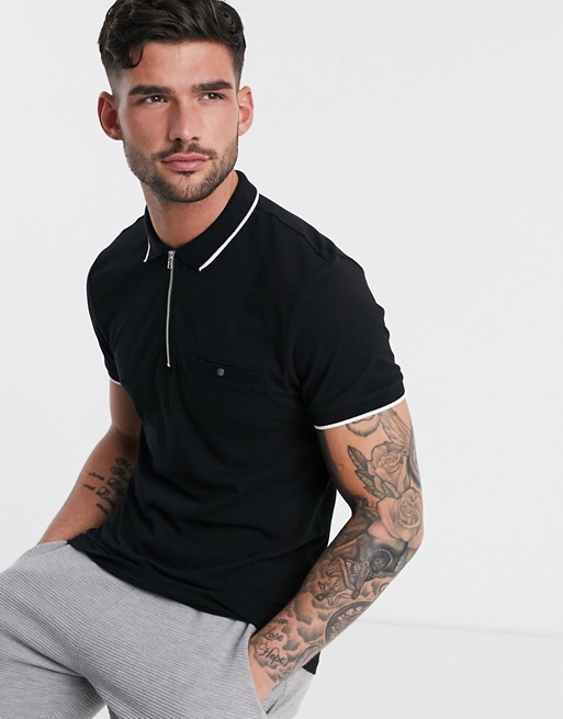 New Look tipped polo with zip detail in black