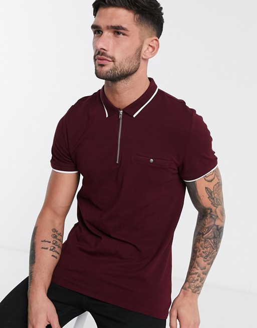 New Look tipped polo with zip detail in dark burgundy