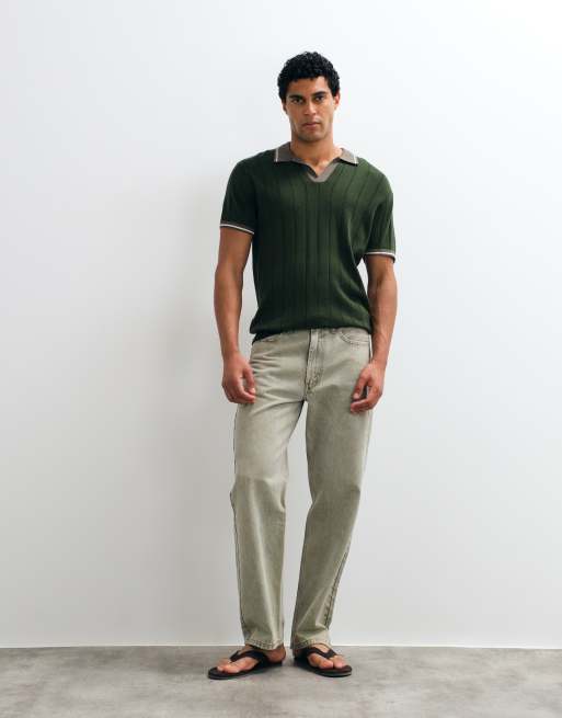 New Look tipped ribbed polo in dark khaki, 3 of 5