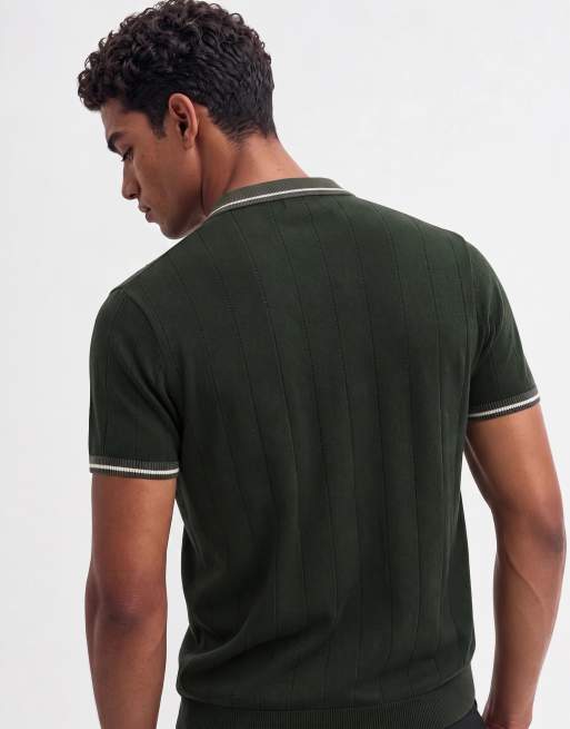 New Look tipped ribbed polo in dark khaki, 7 of 9