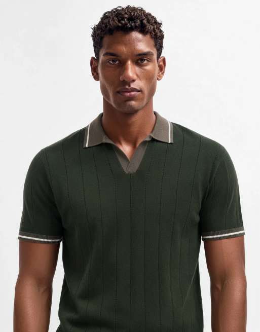 New Look tipped ribbed polo in dark khaki, 9 of 9