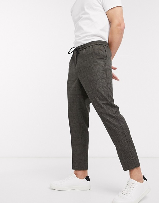 New Look tonal check pull on trousers in brown