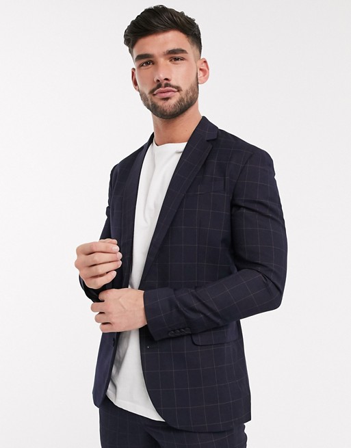New Look tonal grid check suit jacket in navy