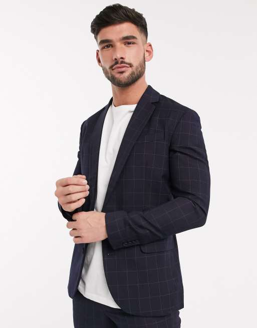 New Look tonal grid check suit in navy ASOS