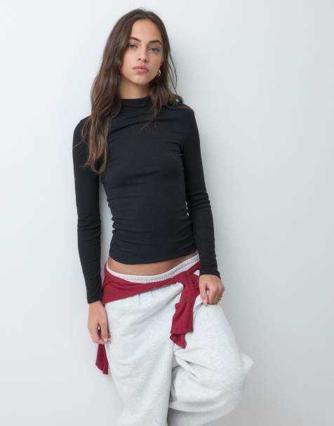 New Look top a maniche lunghe a coste con collo alla coreana nero - view 1