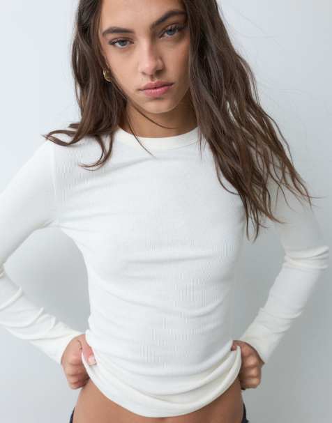 New Look top a maniche lunghe a coste con girocollo color crema - view 1