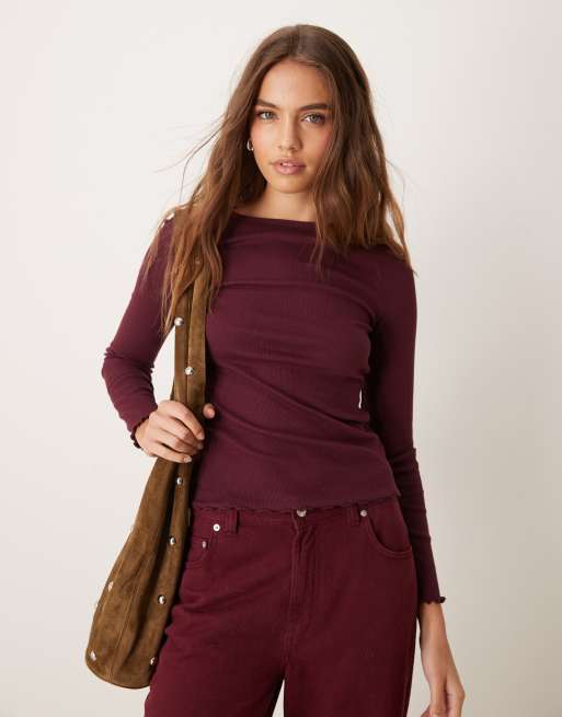 New Look - Top a maniche lunghe bordeaux con bordi smerlati