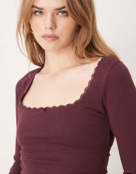 New Look - Top a maniche lunghe bordeaux con scollo quadrato e finiture in pizzo - view 1