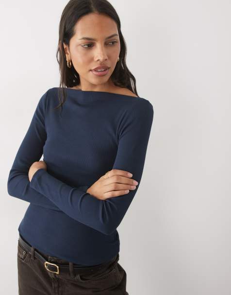 New Look top a maniche lunghe con scollo a barchetta in blu navy - view 1