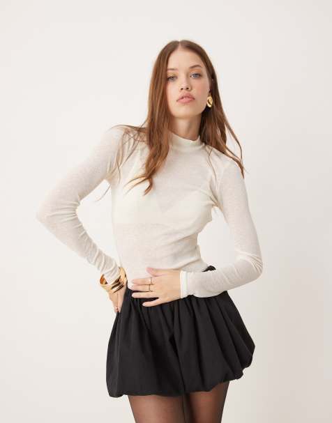 New Look - Top a maniche lunghe in rete color crema con collo dritto - view 1