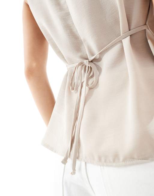 New Look - Top a peplo color pietra effetto lino, 4 di 4