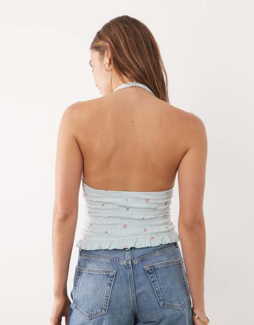 New Look - Top allacciato al collo arricciato a fiorellini blu, 4 di 4