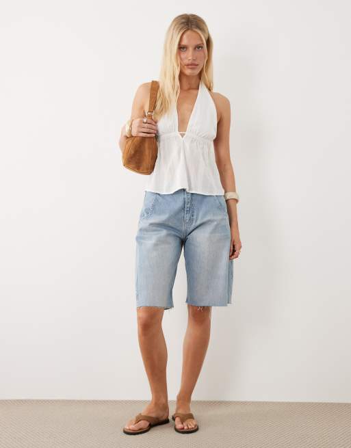 New Look - Top allacciato al collo bianco a righe ricamate, 2 di 4