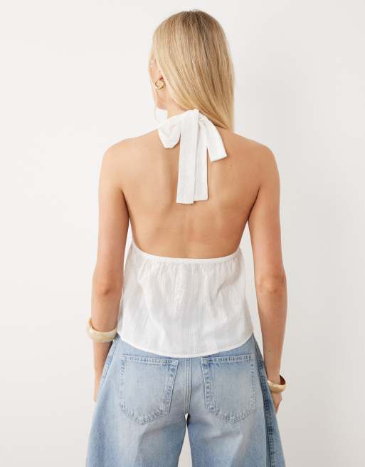 New Look - Top allacciato al collo bianco a righe ricamate, 3 di 4