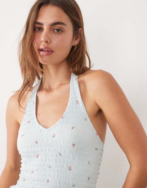 New Look - Top azul fruncido con estampado de florecitas y cuello halter - view 1