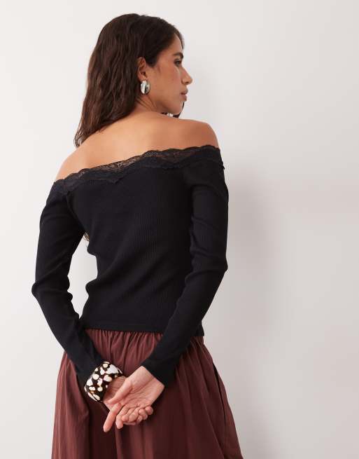 New Look top bardot con bordo in pizzo nero, 3 di 4
