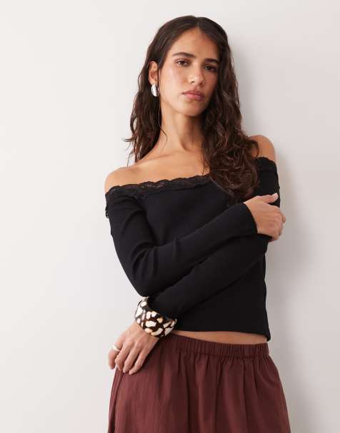 New Look - top bardot con ribete de encaje negro - view 1