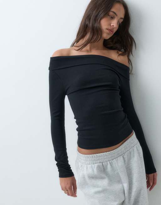 New Look top Bardot con risvolto a maniche lunghe nero, 2 di 5