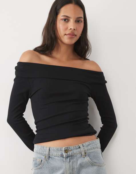 New Look top Bardot de manga larga con vuelta en negro - view 1