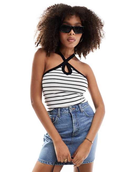 New Look – Top bez rękawów z dekoltem halter w czarne paski