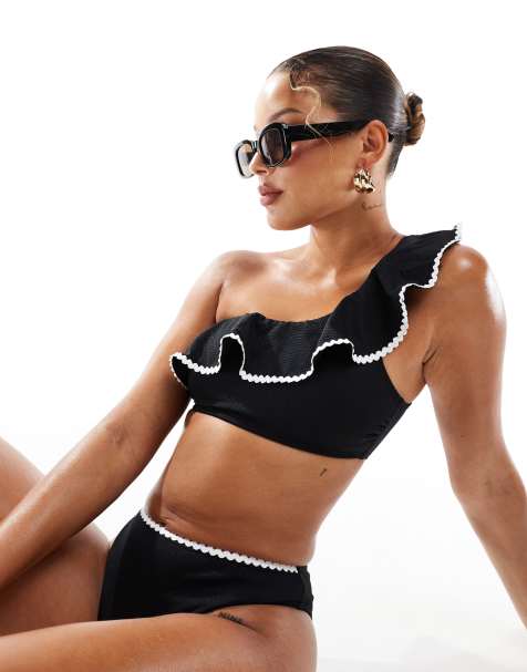 New Look - Top bikini monospalla nero con cuciture - view 1