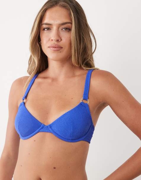 New Look - Top bikini stropicciato blu medio con dettaglio ad anello - view 1
