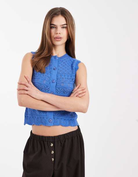 New Look - Top blu con bordi smerlati e cuciture a vista - view 1