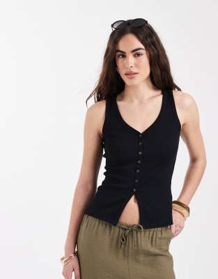 New Look - Top boutonné côtelé à col V - Noir