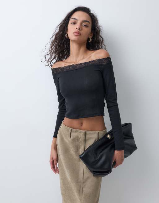 New Look top con scollo Bardot, maniche lunghe e profili in pizzo nero, 5 di 5